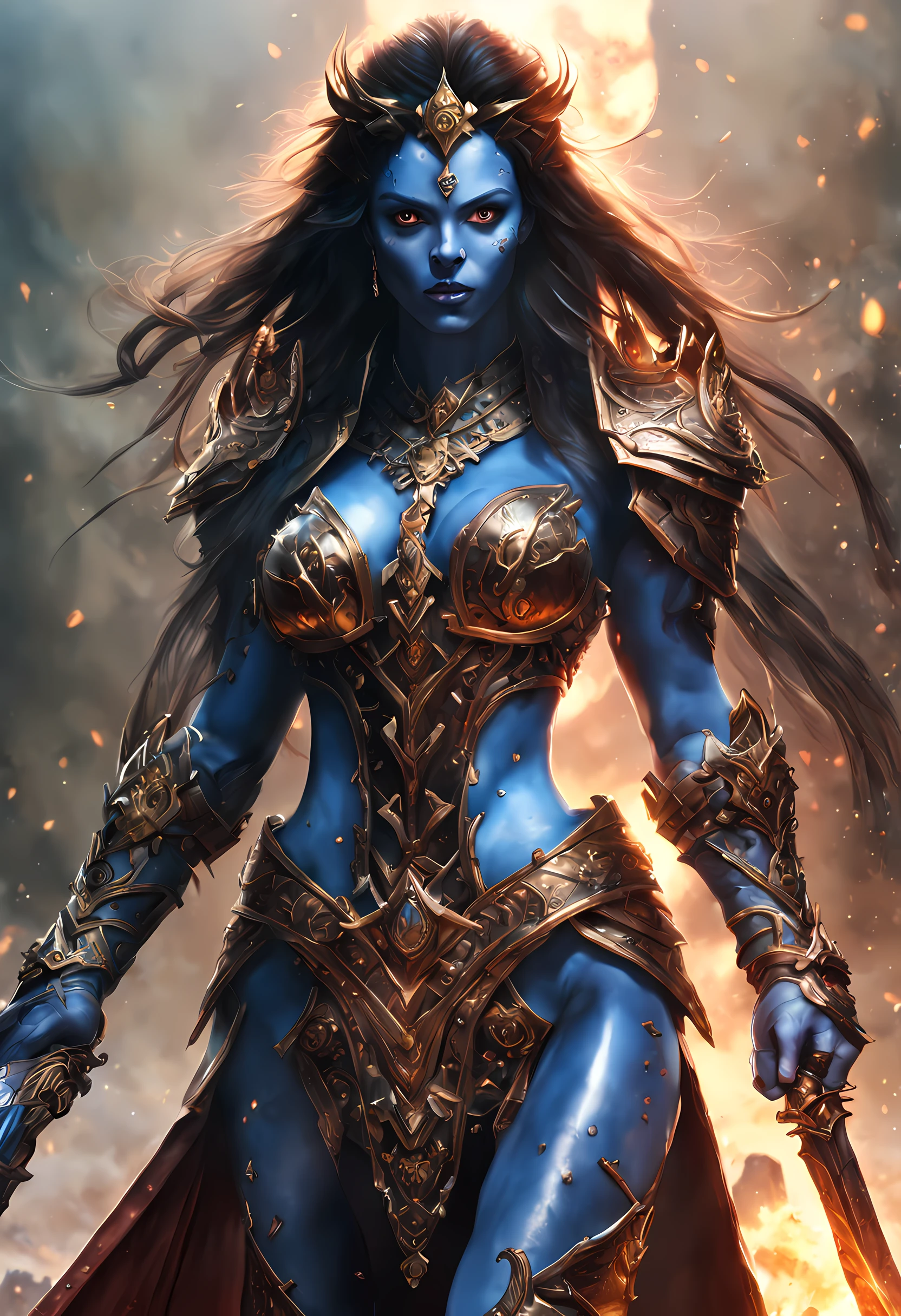 fantasy art, dnd art, RPG art, drkfntasy wide shot, (masterpiece:1.3), full body intense details, highly detailed, photorealistic, best quality, highres, portrait of a exotic race vedalken female (fantasy art, Masterpiece, best quality: 1.3) (blue colored skin: 1.3), intense details facial detail fantasy art, Masterpiece, best quality)cleric, (blue colored skin: 1.3) 1person blue_skin, (bold head: 1.4), intense green eye, fantasy art, Masterpiece, best quality) armed a fiery sword red fire, wearing heavy (white: 1.3) half plate mail armor LnF wearing high heeled laced boots, wearing an(orange :1.3) cloak within fantasy temple near river background and sun and clouds, reflection light, high details, best quality, 16k, [ultra detailed], masterpiece, best quality, (extremely detailed), dynamic angle, ultra wide shot, photorealistic, RAW, fantasy art, dnd art, fantasy art, realistic art