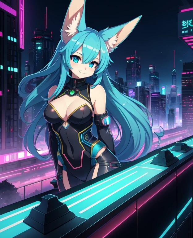 (Cyberpunk style:1.2), (the anime, Cute), (fluffy fluffy anthro:1), Fennec, (very long curly blue hair, The woman, Detailed Face), (small breasts:1) , the pose, smile BREAK cityscape, Masterpiece, Best Quality, sub-surface Scattering, absurd res, soft-lighting, Counter-shading, Detailed background, In style [ashley wood|Alex Maleyu]