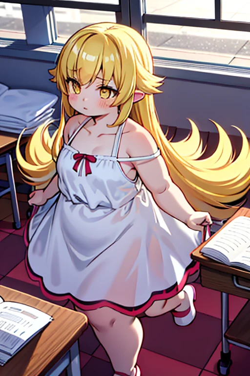 4K, hig quality, obese shinobuYoung, masterpiece, best quality, absurdres, obese 1girl, big cheeks, blonde hair, yellow golden eyes, solo, classroom, night, flat breasts, desk, obese loli, round table, sitting, looking away, bare shoulders, sundress, white dress, strap slip, clavicle, (viewed from above:1.1), (expressionless:1.1), slender, see-through, (checkered floor:1.5), (knee up:1.3)