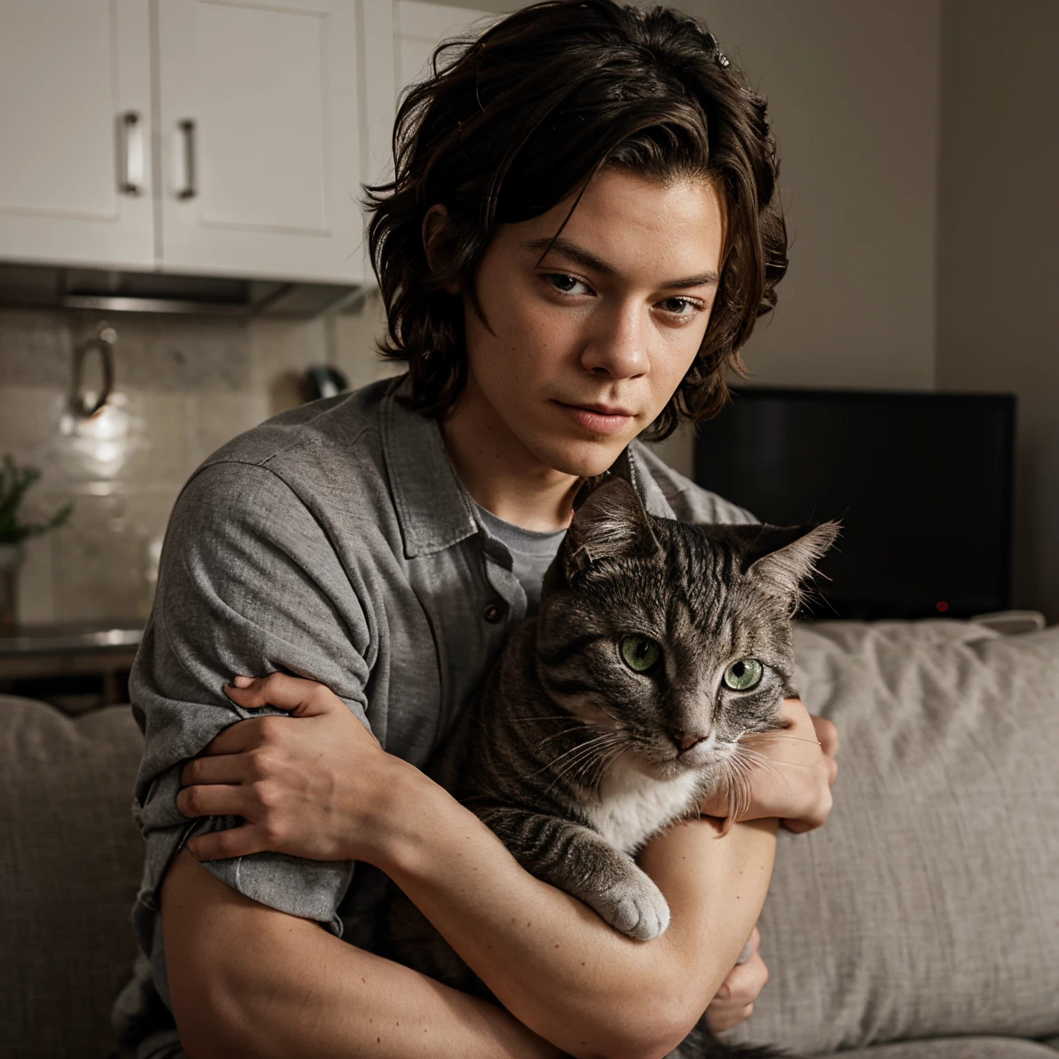 Harry styles holding a gray cat