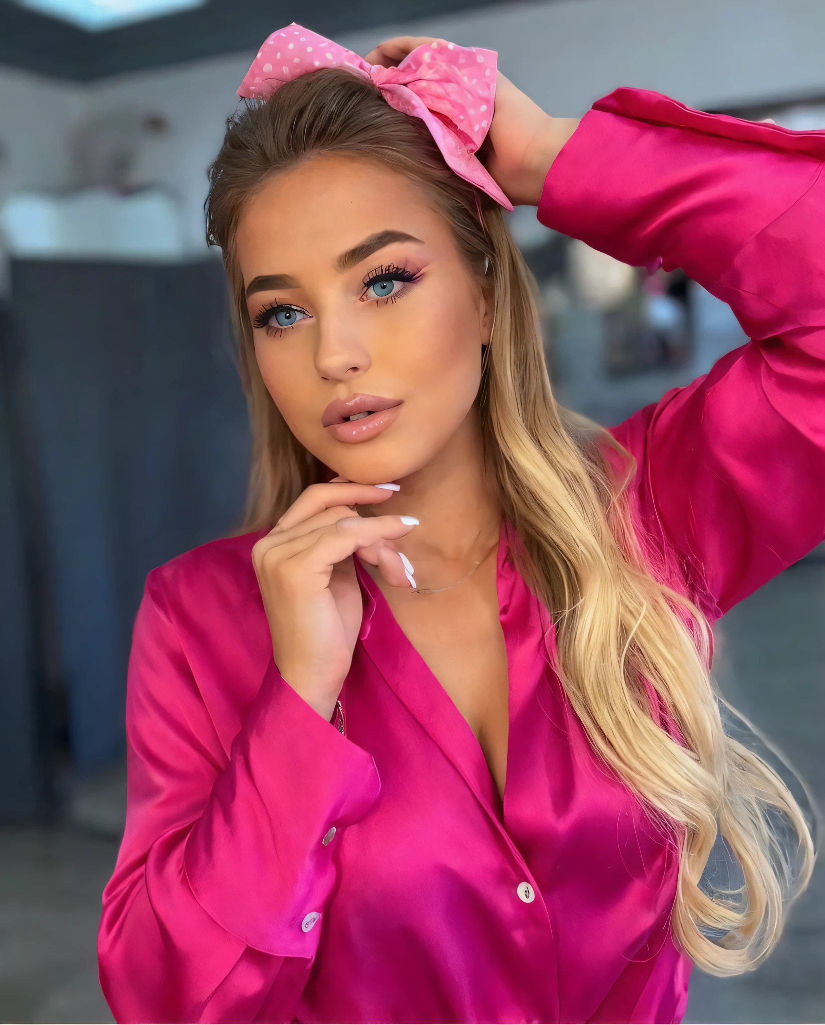 Oman with blue satin dress drinking coffee , fille sexy aux yeux bleus, Portrait Sophie Mudd, Portrait de Corinna Kopf, cheveux blonds et grands yeux, selfie of a young woman, ohne Maquillage, maquillage naturel, Look directly into the camera coffee shop, Visage avec Artgram, dezentes Maquillage, Superbe photo du corps entier, dans la chambre, gros seins, Blonde, Latin