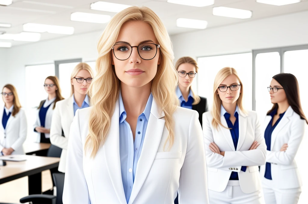 blond woman in glasses standing in an office with a blue shirt and white blazer, wearing white suit and glasses, wearing a suit and glasses, wearing lab coat and glasses, female in office dress, woman in business suit, big breast, wearing lab coat and a blouse, wearing a strict business suit, wearing white suit, professional closeup photo, in suit with black glasses