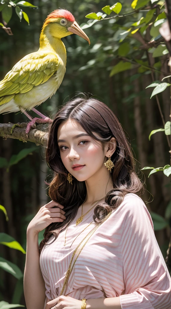 (Realistic),(masterpiece:1.2), (bestquality:1.2),looking at the audience, dramatic pose,(Walk in the forest in the morning.), Golden Hour, dim lighting, rim lights, large boobs: 1.3,
1girl beauty 18yo, Little smile, long shot, (Comfortable pink),(jewelry:1.1),long-haired, (Gold Bird Stripes)
,