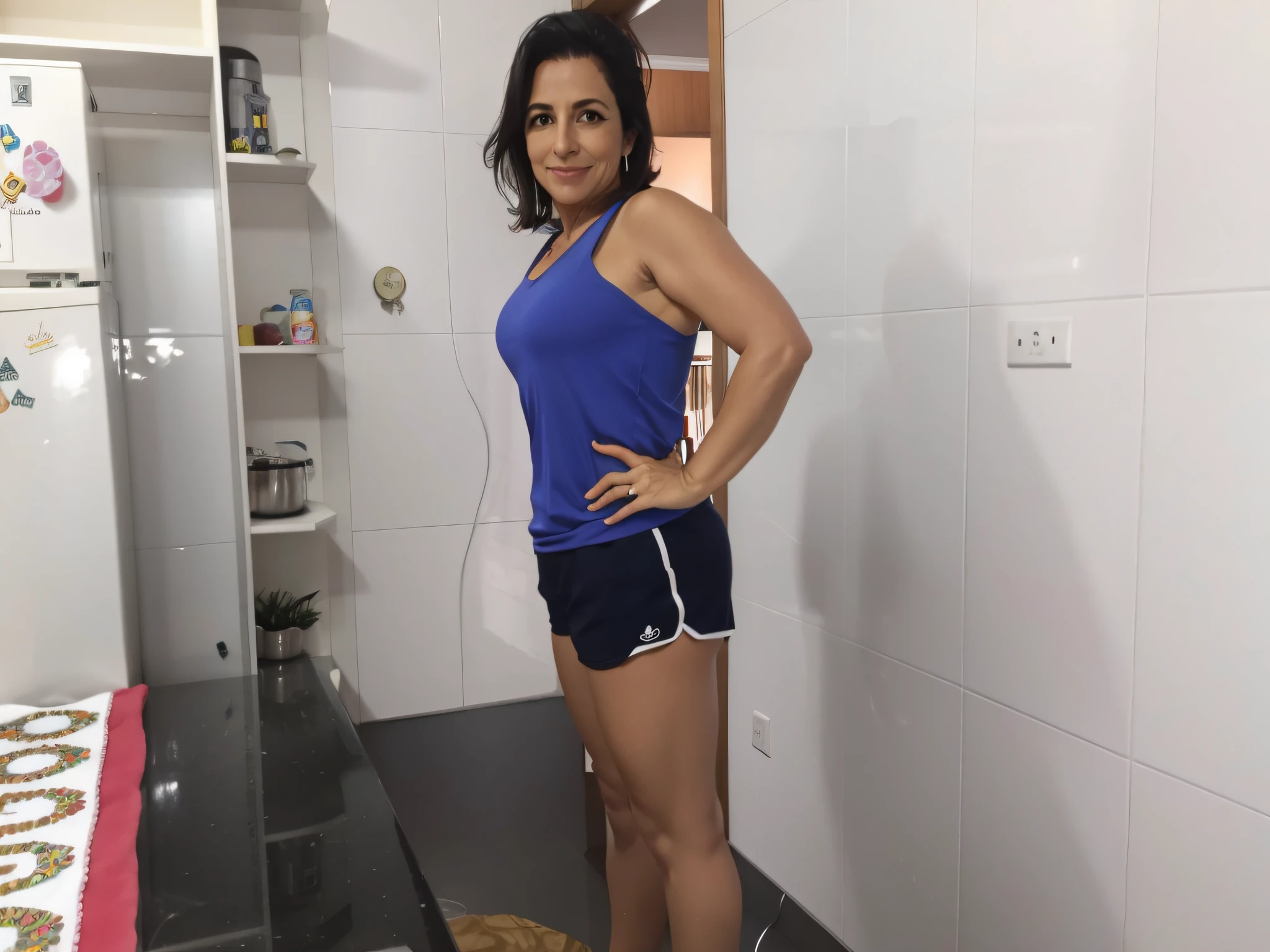 65 years old,gray hair,(there are many wrinkles on her face:1.2),old woman,blue lingerie,smile,back view,sexy posing,beautiful hip