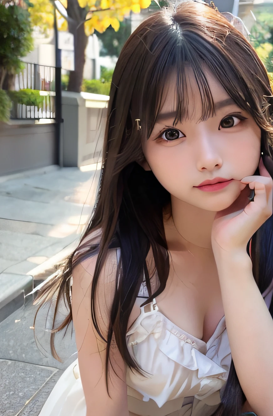 masutepiece, Best Quality, 8K, , Teen, Raw ph award winning portrait, Cowboy Shot, shyly smile, 1girl in, Idol face, Beautiful, extremely pretty, Cute, A Japanese Lady,female idol, round big eyes, drooping eyes, small nostrils, Light makeup, large round eyes, Narrow waist, Delicate girl, Upper body, Digital SLR, (85mm F/1.4 lens:1.2), (Bokeh:1.2), Shallow depth of field, Focus on the eyes, Looking at Viewer, Candid, Sophisticated, zora々Right, Professional Lighting, (Eyes and faces with detailed:1.0),