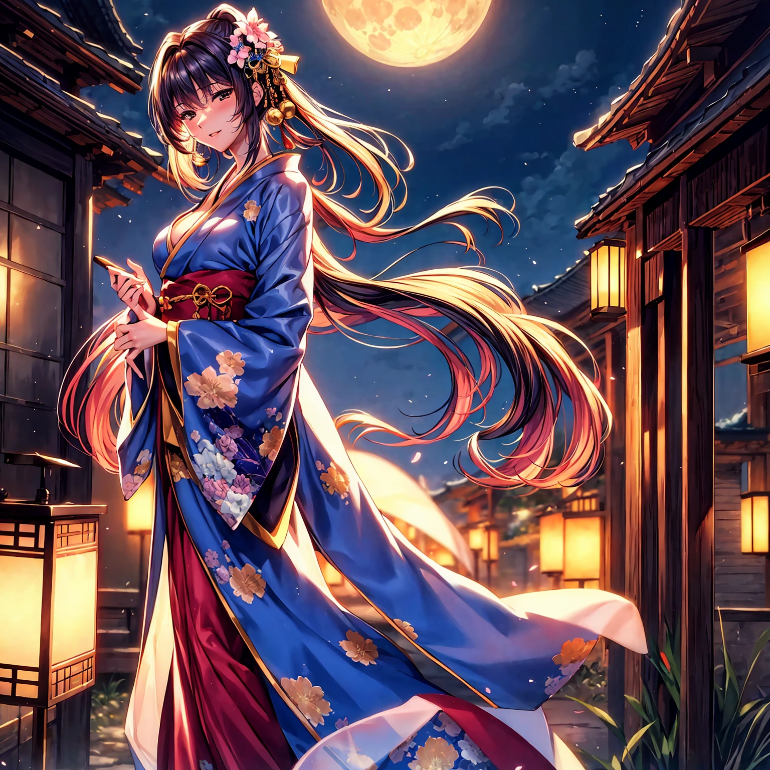 (top-quality、masterpiece、very high res、超A high resolution,High resolution details 1.5)、A woman of perfect and ultimate beauty(24 years old 1.5)、(Beautiful breasts and body shape 1.5)、Beautiful body、美丽的面容、large pink,Long hair,Beautiful hair、Japan hair ornament,realistic textured skin,Wearing a beautiful Japanese long kimono,Kimono has colors and patterns.,Kimono sleeves and obi are long,Arms outstretched,Exposed shoulders from kimono,I can see the cleavage,wearing a stole,Bright smile,Mouth opens,Hair flutters under the influence of the wind,The sleeves and obi of a kimono flap due to the wind.,that is a mysterious place,Fantastic night sky and beautiful full moon,Lantern light,Beautiful Landscapes、(accurate detail、the detailed images、Accurate images、Perfect Image 1.5)、、beautiful anime woman, Beautiful Art Style, an animated character、The whole picture、Detailed picture、accurate anatomy、Defect-free images、natural soft light、beautiful image、extremely detailed picture、(Best Shot 1.2)