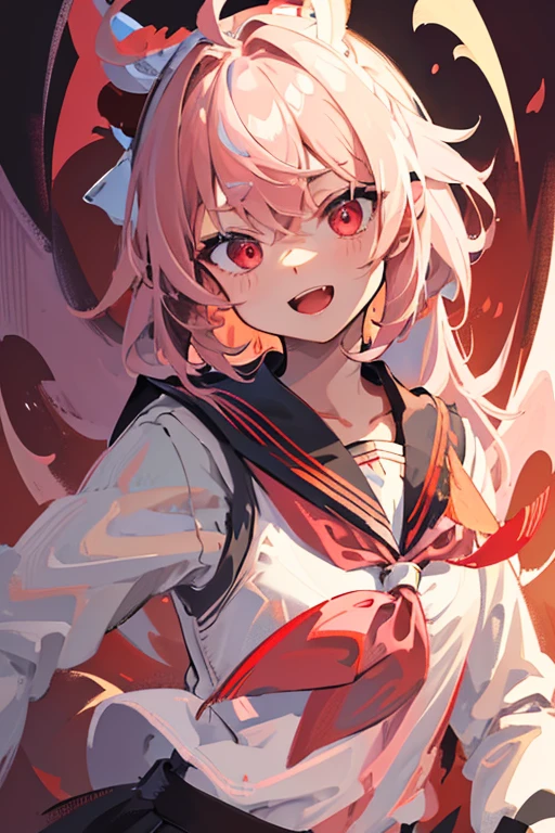 detailed,best quality,masterpiece,illustration,wallpaper,,1girl,solo,upper bodywhite bow,:d,
scared,eyeliner,shot hair,pink hair,(ahoge:1.2),bangs,hair between eyes,gray inner hair, Vampire, red eyes,looking at viewer,black sailor collar,black serafuku,long sleeves,dimly lit