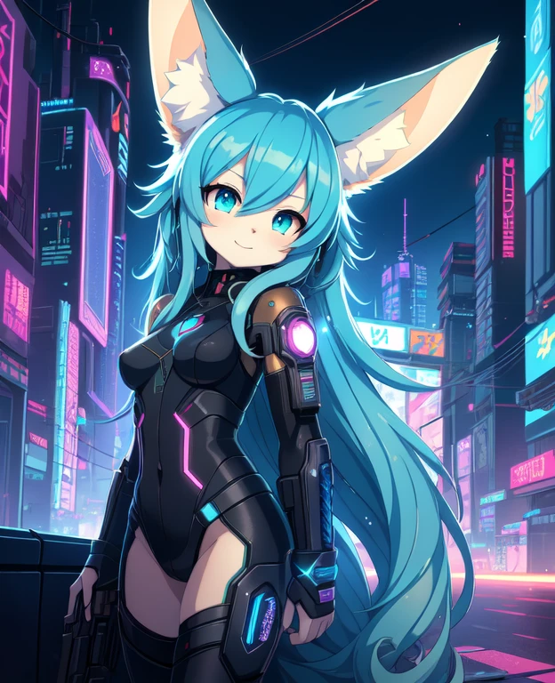 (Cyberpunk style:1.2), (the anime, Cute), (fluffy fluffy anthro:1), Fennec, (very long curly blue hair, The woman, Detailed Face), (small breasts:1) , the pose, ssmile, Masterpiece, Best Quality, sub-surface Scattering, absurd res, soft-lighting, Counter-shading, Detailed background