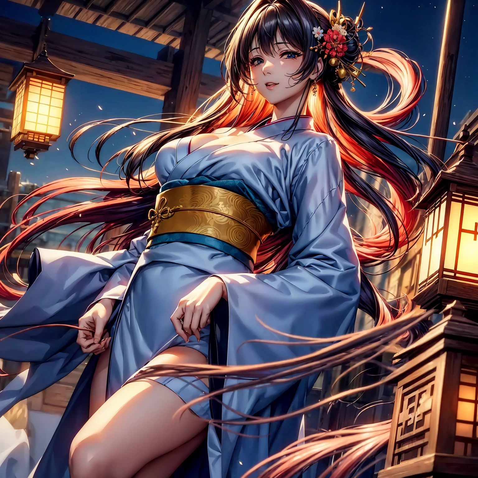 (top-quality、​masterpiece、very high res、超A high resolution,High resolution details 1.5)、A woman of perfect and ultimate beauty(24 years old 1.5)、(Beautiful breasts and body shape 1.5)、Beautiful body、美丽的面容、large pink,Long hair,Beautiful hair、Japan hair ornament,realistic textured skin,Wearing a beautiful Japanese long kimono,Kimono has colors and patterns.,Kimono sleeves and obi are long,Arms outstretched,Exposed shoulders from kimono,I can see the cleavage,wearing a stole,Bright smile,Mouth opens,Hair flutters under the influence of the wind,The sleeves and obi of a kimono flap due to the wind.,that is a mysterious place,Fantastic night sky and beautiful full moon,Lantern light,Beautiful Landscapes、(accurate detail、the detailed images、Accurate images、Perfect Image 1.5)、、beautiful anime woman, Beautiful Art Style, an animated character、The whole picture、Detailed picture、accurate anatomy、Defect-free images、natural soft light、beautiful image、extremely detailed picture、(Best Shot 1.2)