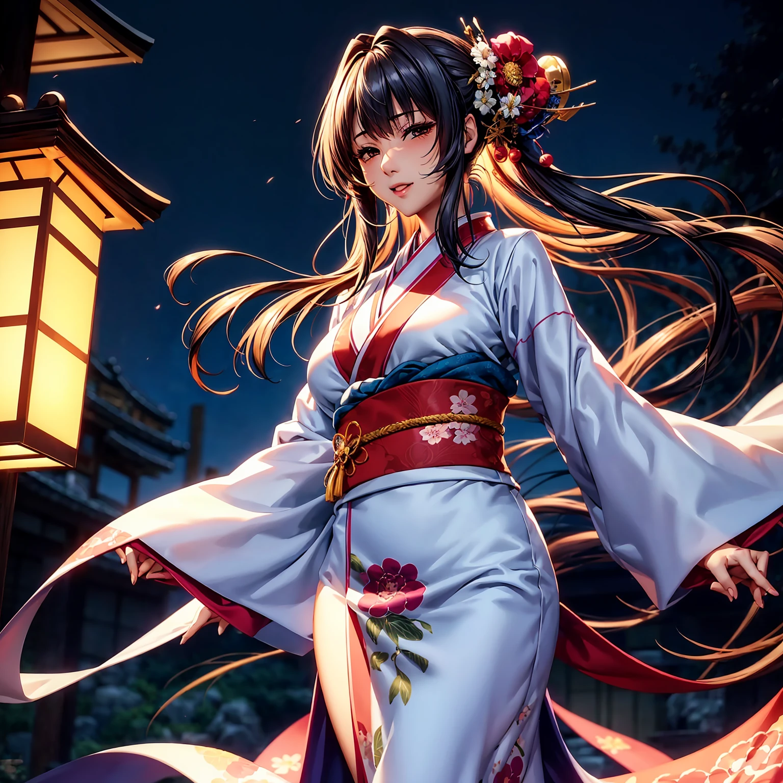 (top-quality、​masterpiece、very high res、超A high resolution,High resolution details 1.5)、A woman of perfect and ultimate beauty(24 years old 1.5)、(Beautiful breasts and body shape 1.5)、Beautiful body、美丽的面容、large pink,Long hair,Beautiful hair、Japan hair ornament,realistic textured skin,Wearing a beautiful Japanese long kimono,Kimono has colors and patterns.,Kimono sleeves and obi are long,Arms outstretched,Exposed shoulders from kimono,I can see the cleavage,wearing a stole,Bright smile,Mouth opens,Hair flutters under the influence of the wind,The sleeves and obi of a kimono flap due to the wind.,that is a mysterious place,Fantastic night sky and beautiful full moon,Lantern light,Beautiful Landscapes、(accurate detail、the detailed images、Accurate images、Perfect Image 1.5)、、beautiful anime woman, Beautiful Art Style, an animated character、The whole picture、Detailed picture、accurate anatomy、Defect-free images、natural soft light、beautiful image、extremely detailed picture、(Best Shot 1.2)