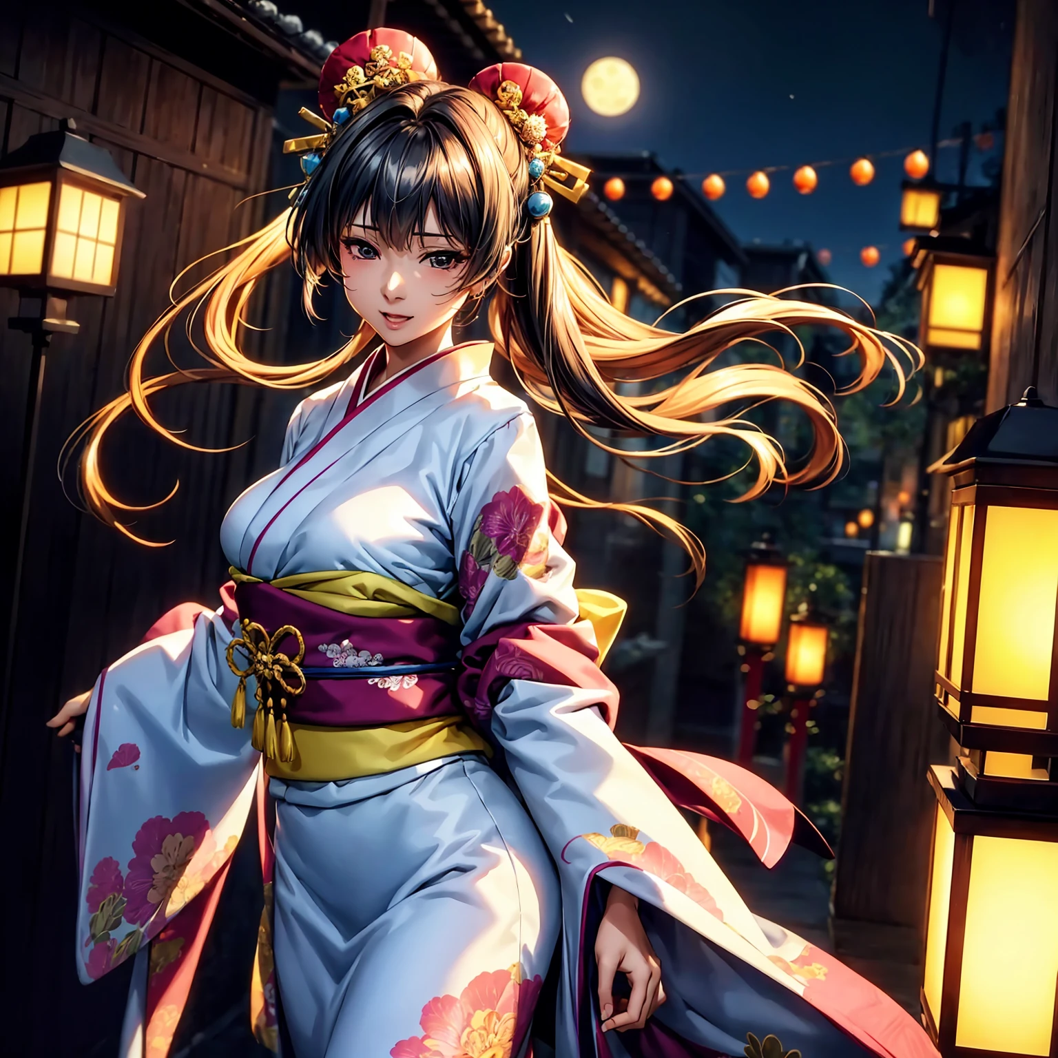 (top-quality、masterpiece、very high res、超A high resolution,High resolution details 1.5)、A woman of perfect and ultimate beauty(24 years old 1.5)、(Beautiful breasts and body shape 1.5)、Beautiful body、美丽的面容、large pink,Long hair,Beautiful hair、Japan hair ornament,realistic textured skin,Wearing a beautiful Japanese long kimono,Kimono has colors and patterns.,Kimono sleeves and obi are long,Arms outstretched,Exposed shoulders from kimono,I can see the cleavage,wearing a stole,Bright smile,Mouth opens,Hair flutters under the influence of the wind,The sleeves and obi of a kimono flap due to the wind.,that is a mysterious place,Fantastic night sky and beautiful full moon,Lantern light,Beautiful Landscapes、(accurate detail、the detailed images、Accurate images、Perfect Image 1.5)、、beautiful anime woman, Beautiful Art Style, an animated character、The whole picture、Detailed picture、accurate anatomy、Defect-free images、natural soft light、beautiful image、extremely detailed picture、(Best Shot 1.2)