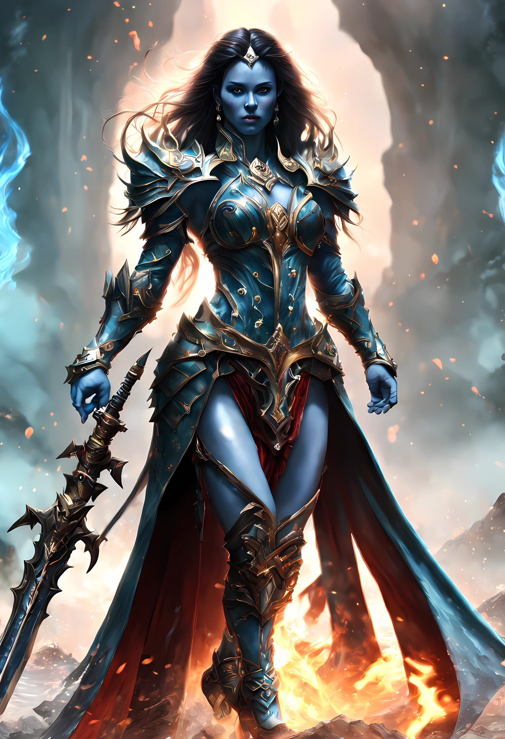 fantasy art, dnd art, RPG art, drkfntasy wide shot, (masterpiece:1.3), full body intense details, highly detailed, photorealistic, best quality, highres, portrait of a exotic race vedalken female (fantasy art, Masterpiece, best quality: 1.3) (blue colored skin: 1.3), intense details facial detail fantasy art, Masterpiece, best quality)cleric, (blue colored skin: 1.3) 1person blue_skin, (bold head: 1.4), intense green eye, fantasy art, Masterpiece, best quality) armed a fiery sword red fire, wearing heavy (white: 1.3) half plate mail armor LnF wearing high heeled laced boots, wearing an(orange :1.3) cloak within fantasy temple near river background and sun and clouds, reflection light, high details, best quality, 16k, [ultra detailed], masterpiece, best quality, (extremely detailed), dynamic angle, ultra wide shot, photorealistic, RAW, fantasy art, dnd art, fantasy art, realistic art