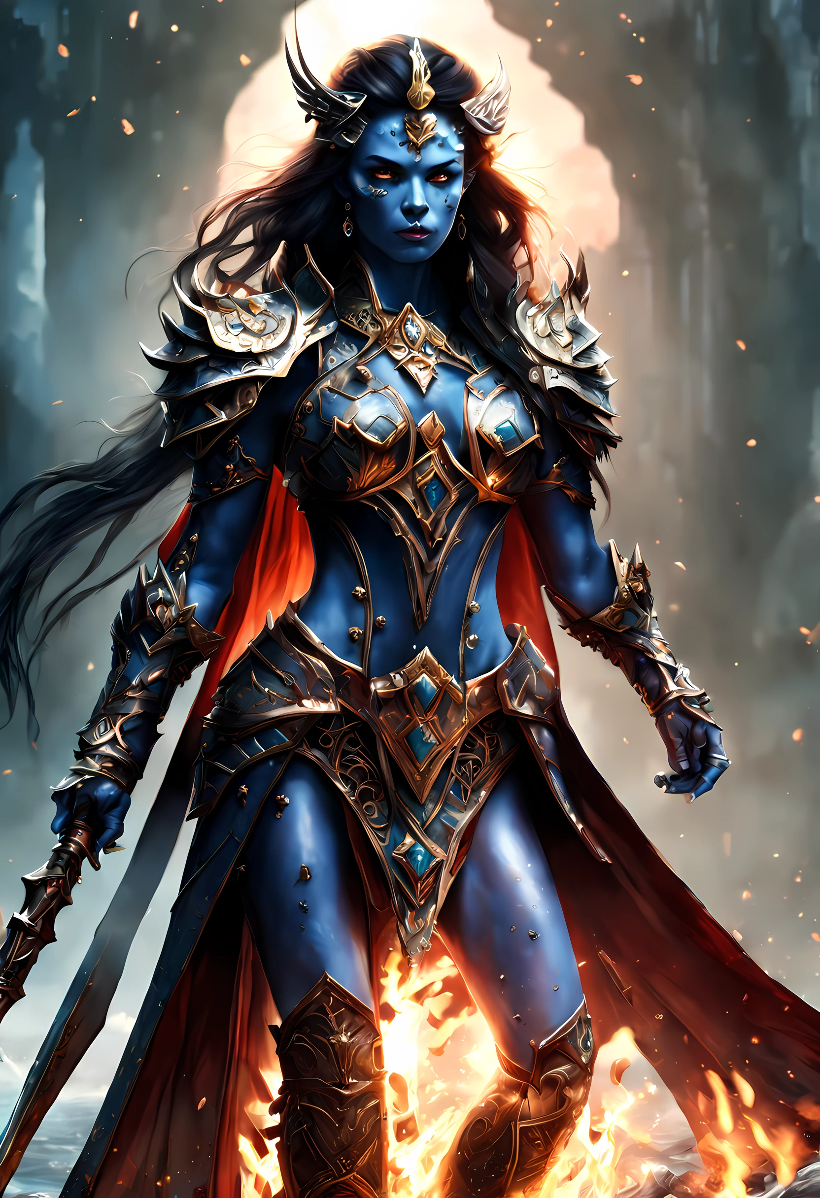 fantasy art, dnd art, RPG art, drkfntasy wide shot, (masterpiece:1.3), full body intense details, highly detailed, photorealistic, best quality, highres, portrait of a exotic race vedalken female (fantasy art, Masterpiece, best quality: 1.3) (blue colored skin: 1.3), intense details facial detail fantasy art, Masterpiece, best quality)cleric, (blue colored skin: 1.3) 1person blue_skin, (bold head: 1.4), intense green eye, fantasy art, Masterpiece, best quality) armed a fiery sword red fire, wearing heavy (white: 1.3) half plate mail armor LnF wearing high heeled laced boots, wearing an(orange :1.3) cloak within fantasy temple near river background and sun and clouds, reflection light, high details, best quality, 16k, [ultra detailed], masterpiece, best quality, (extremely detailed), dynamic angle, ultra wide shot, photorealistic, RAW, fantasy art, dnd art, fantasy art, realistic art