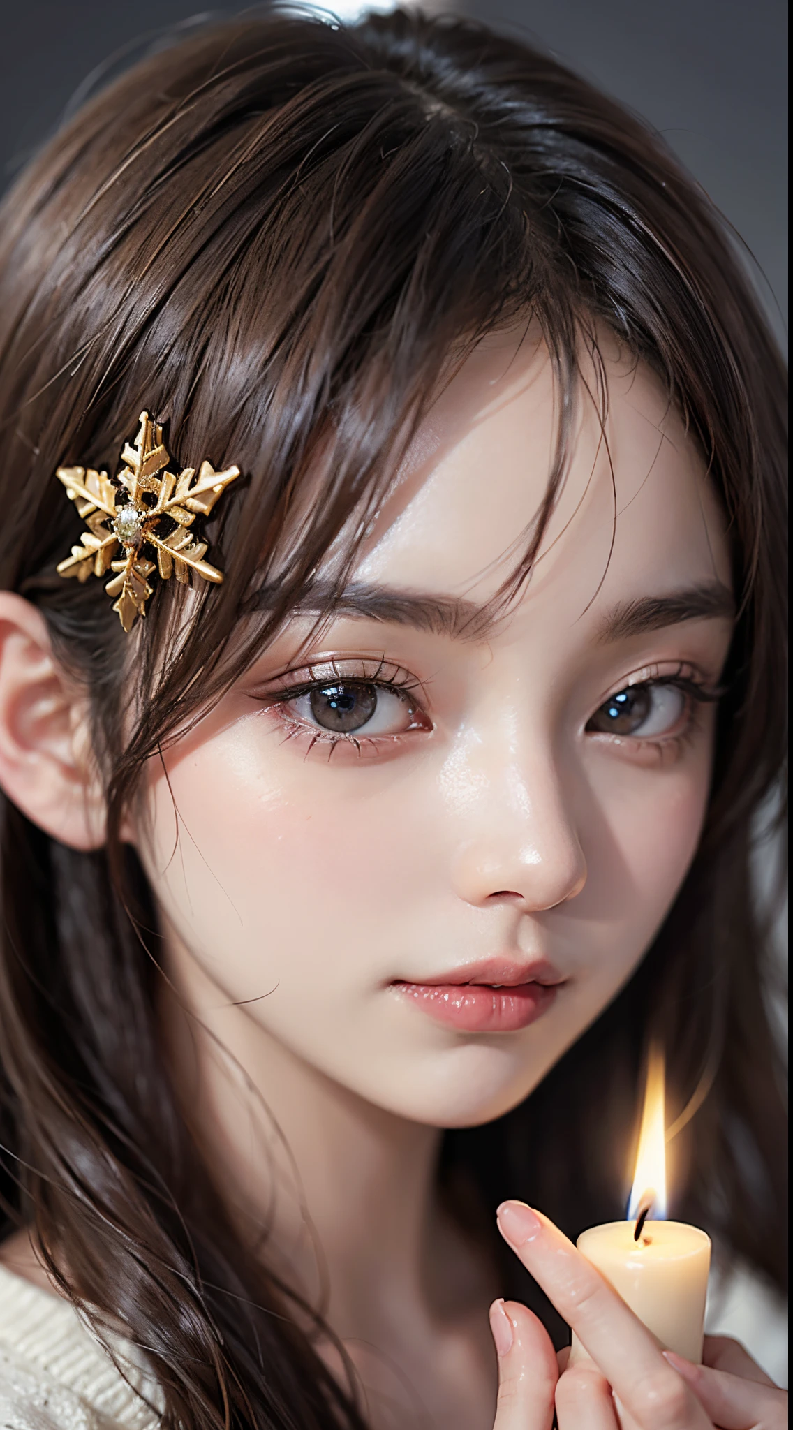 Beautiful woman、Kawaii Woman、About 20 years old、A detailed face、Detailed eyes、Detailed skin、detailed hairs、super realistic picture quality、An ultra-high picture quality、8K、Hokkaido、Tomoyo Harada、It's Christmas date、Christmas cake candle light in dark room、Happily、blow into the candle flame、Mysterious cuteness with the candlelight on her face、angel、cute like a goddess、