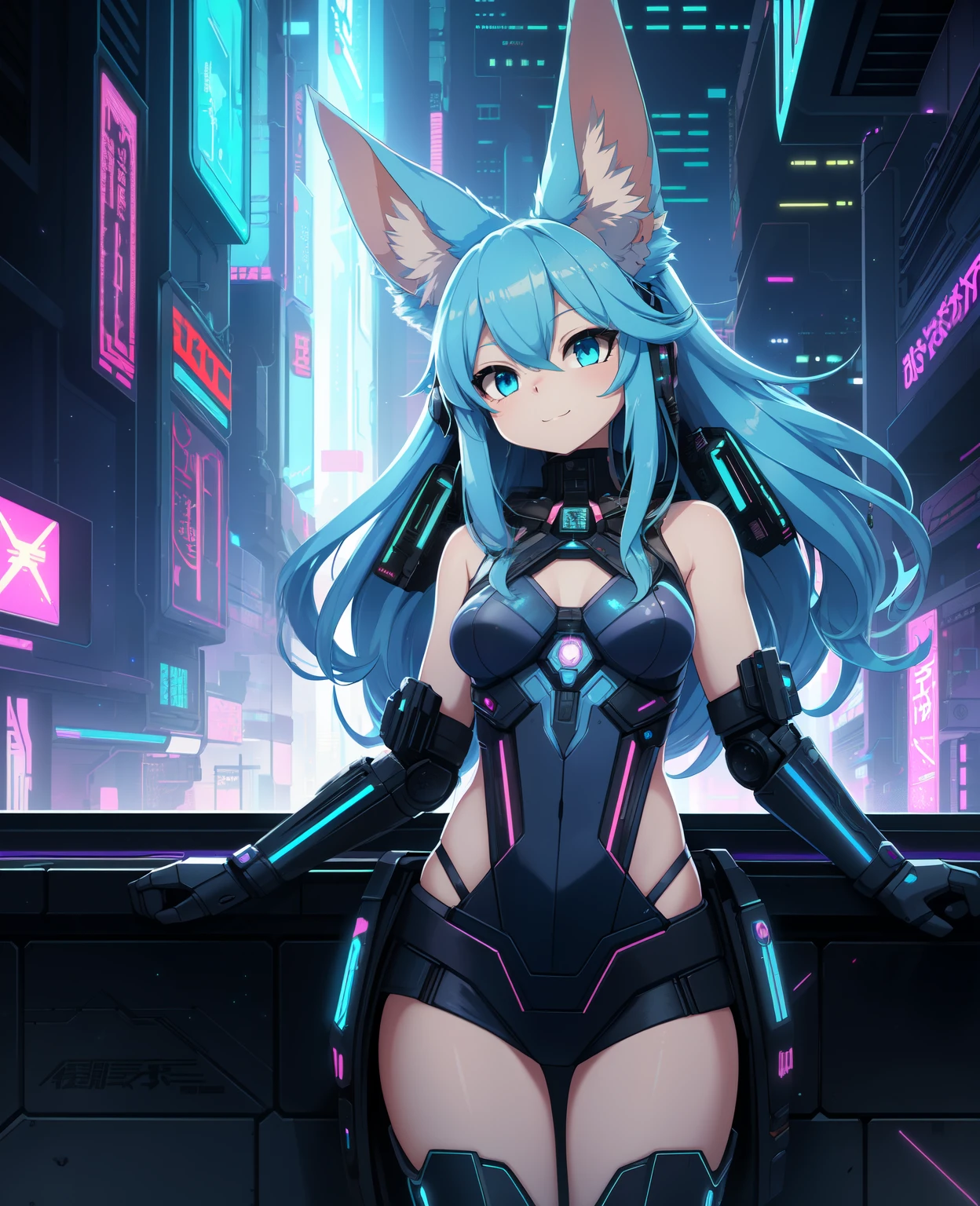 (Cyberpunk style:1.2), (the anime, Cute), (fluffy fluffy anthro:1), Fennec, (very long curly blue hair, The woman, Detailed Face), (small breasts:1) , the pose, ssmile, Masterpiece, Best Quality, sub-surface Scattering, absurd res, soft-lighting, Counter-shading, Detailed background