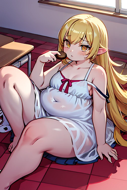 4K, hig quality, obese shinobuYoung, masterpiece, best quality, absurdres, obese 1girl, big cheeks, blonde hair, yellow golden eyes, solo, classroom, night, flat breasts, desk, obese , round table, sitting, looking away, bare shoulders, sundress, white dress, strap slip, clavicle, (viewed from above:1.1), (expressionless:1.1), eating donuts, see-through, (checkered floor:1.5), (knee up:1.3)