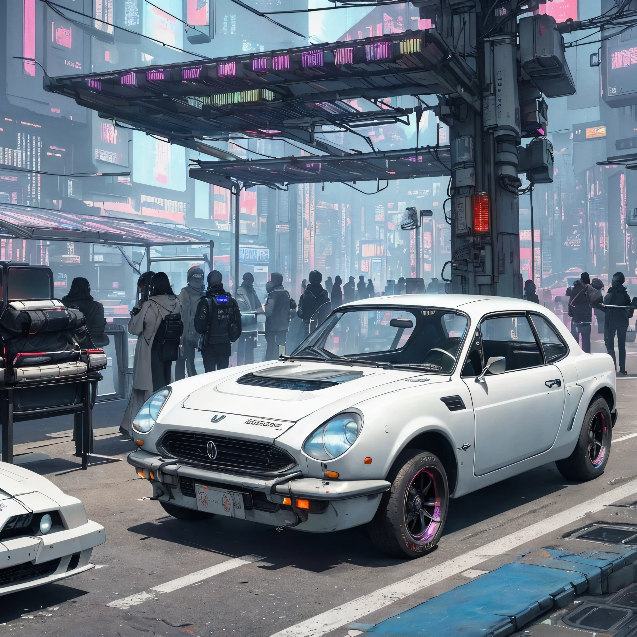(detailed beautiful skin textures, detailed beautiful face, ultra detailed clothing textures), an ultra detailed, (cyberpunk custumed:1.5) and white body colored and blue stripes 1960s micro car with (loads on roof racks:1.3) and (large solar panels on on the boot and bonnet:1.3) and letter-tyres:1.3 and monn disk), (3/4 front view, the car in the center of the frame), (at parking area, at ultra detailed Night City of Cyberpunk), (all cars are cyberpunk cars:1.2)
