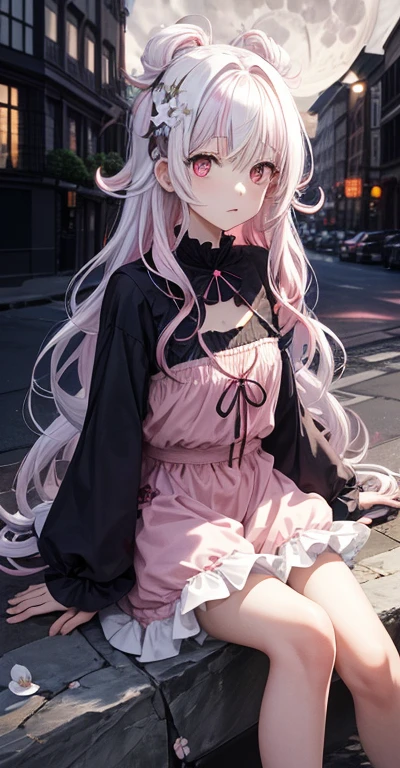 (masutepiece:1.331), Best Quality,
Illustration,
(1girl in),
(dark pink hair:1.331), (Wavy Hair:1.21),(disheveled hair:1.331), hair messy, Long bangs, hairs between eyes,(White hair:1.331), multicolored hair,(White bloomers:1.46),(Beautiful detailed eyes with open clothes,Purple|red eyes,
Sitting,
Dark background, Moonlight, ,flower_flower petals,city,full_Moon,