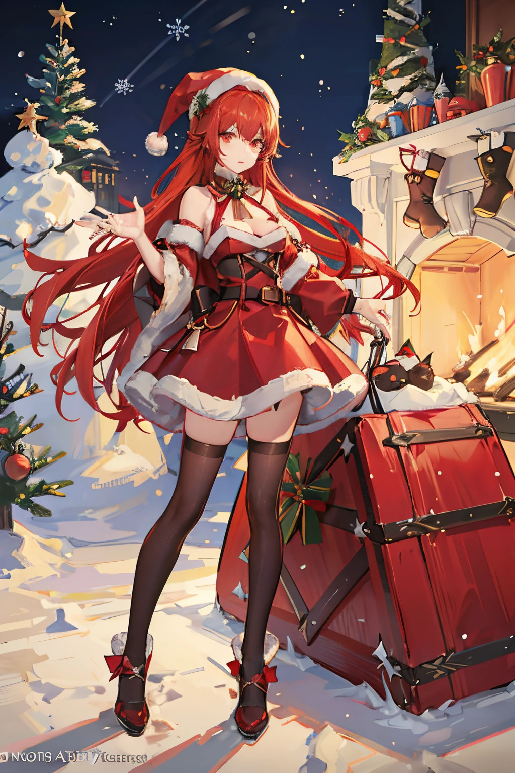 "anime girl, 1 person, bright red hair, shoulder length hair, dark red eyes, Santa hat, Santa tube costume, red dress, big breasts, discreet, stockings, holding Christmas gift box, Christmas gift box  birth, snowfall, solo, front view, (full HD 4K+ photo)"