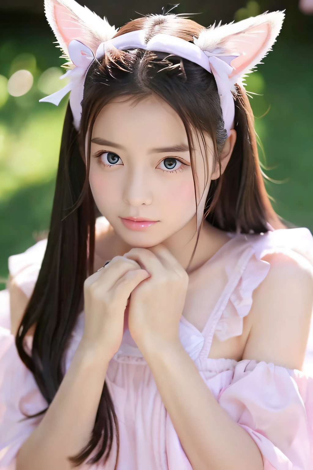 angelicales、girl with、Cat's ears、beckoning cat、beautidful eyes、pink back ground,her face is staring straight at me.、Front-facing body、I have an angel ring、