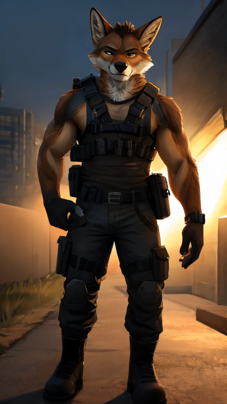 Anthropomorphic coyote , mean gaze in his face , wearing black tanktop and pants , dark brown tactical harness with flashlight and pockets , wearing black boots, furry, 4k