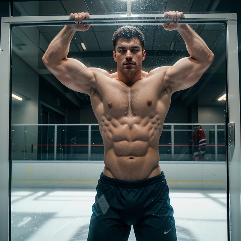 Evans as a hot ice hockey player, massive bulge, muscular body, hot jock, in an ice rink, pressed against glass, pressing against glass, being pressed against glass