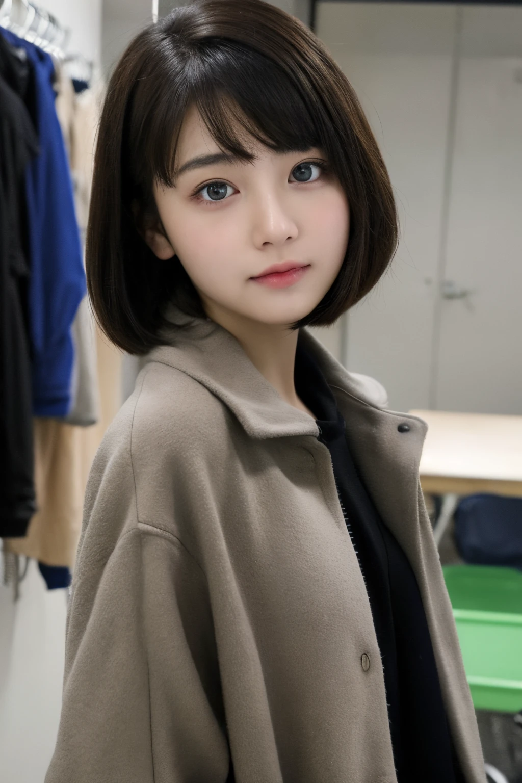 Short-haired college student with beautiful eyes,The expression grim,Wear a coat in the room