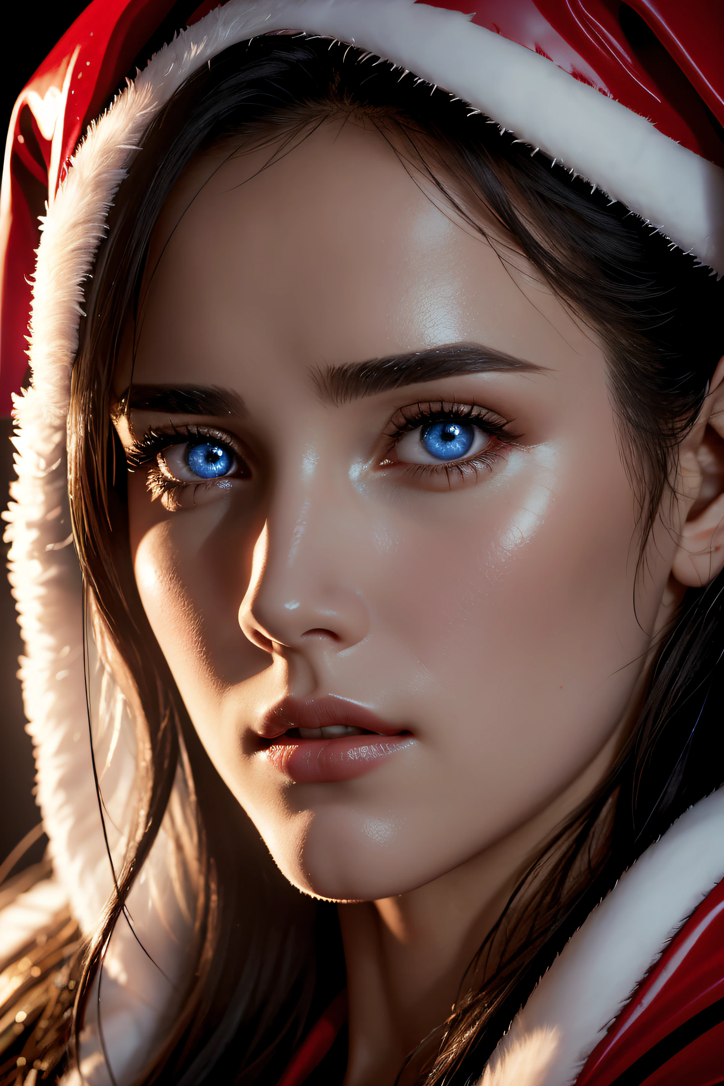 Jennifer Connelly, wearing santa claus latex sexy clothes transparent. professionally retouched, soft lighting, realistic, smooth face, perfect eyes, sharp focus on eyes, 8 k, high definition, insanely detailed, intricate, elegant. in a natural background.