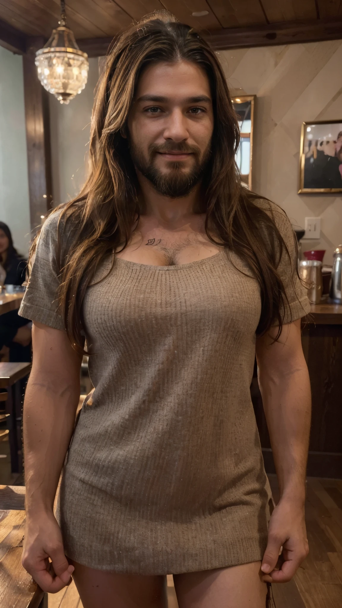 (best quality,4k,highres,ultra-detailed,realistic:1.37),vibrant portrait,beautiful cafe worker lady with a long beard,long beautiful hair,manly chiseled face,expressive eyes,lovely smile,stylish outfit,confident stance,coffee cup,cozy atmosphere,artistic lighting,rich color palette,bokeh
