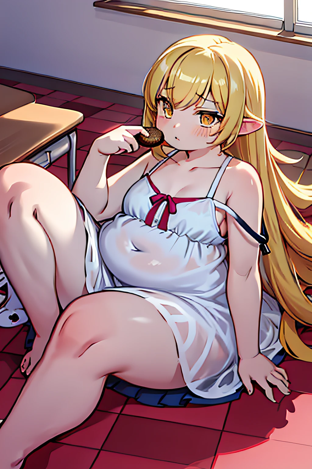 4k, qualidade hig, shinobu jovem obeso, master part, best quality, absurdos, 1girl obesa, bochechas grandes, blonde hair, olhos dourados amarelos, sozinho, sala de aula, Noite, seios lisos, mesa, **** obesa, Mesa Redonda, sentado, Desviando o olhar, bareshoulders, vestido de sol, vestido branco, deslizamento da correia, 鎖骨, (visto de cima:1.1), (no expression:1.1), comer donuts, transparente, (piso quadriculado:1.5), (joelho para cima:1.3)