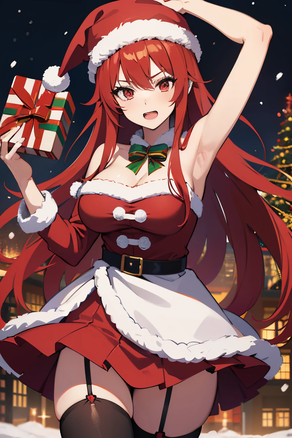 "anime girl, 1 person, bright red hair, shoulder length hair, dark red eyes, Santa hat, Santa tube costume, red dress, big breasts, discreet, stockings, holding Christmas gift box, Christmas gift box birth, snowfall, solo, front view, (full HD 4K+ photo)"