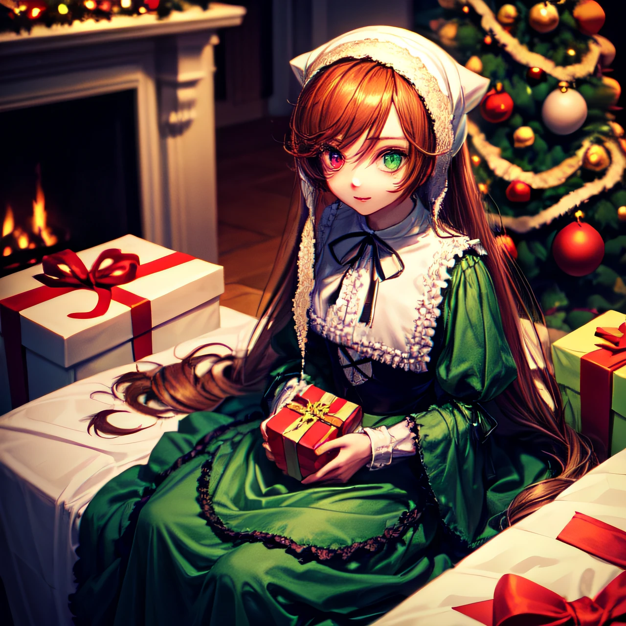 Best Quality, Masterpiece, small suiseiseki, bonnet, head scarf, Heterochromia, green dress, neck ribbon, twin drills, sitting on a large gift box, GiftBox, Christmas tree in the background, [[overhead shot]], (Christmas atmosphere), difficult angle, Detailed, Intricate