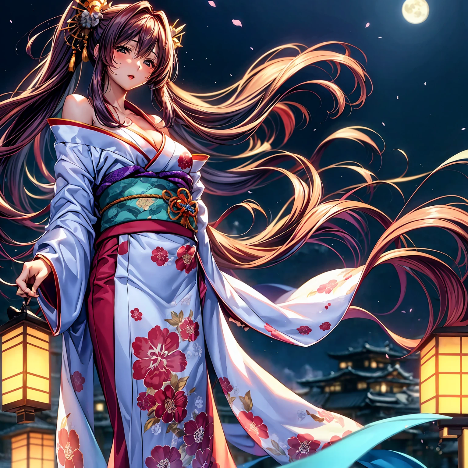(top-quality、​masterpiece、very high res、超A high resolution,High resolution details 1.5)、A woman of perfect and ultimate beauty(24 years old 1.5)、(Beautiful breasts and body shape 1.5)、Beautiful body、美丽的面容、large pink,Long hair,Beautiful hair、Japan hair ornament,realistic textured skin,Wearing a beautiful Japanese long kimono,Kimono has colors and patterns.,Kimono sleeves and obi are long,Arms outstretched,Exposed shoulders from kimono,I can see the cleavage,wearing a stole,Bright smile,Mouth opens,Hair flutters under the influence of the wind,The sleeves and obi of a kimono flap due to the wind.,that is a mysterious place,Fantastic night sky and beautiful full moon,Lantern light,Beautiful Landscapes、(accurate detail、the detailed images、Accurate images、Perfect Image 1.5)、、beautiful anime woman, Beautiful Art Style, an animated character、The whole picture、Detailed picture、accurate anatomy、Defect-free images、natural soft light、beautiful image、extremely detailed picture、(Best Shot 1.2)