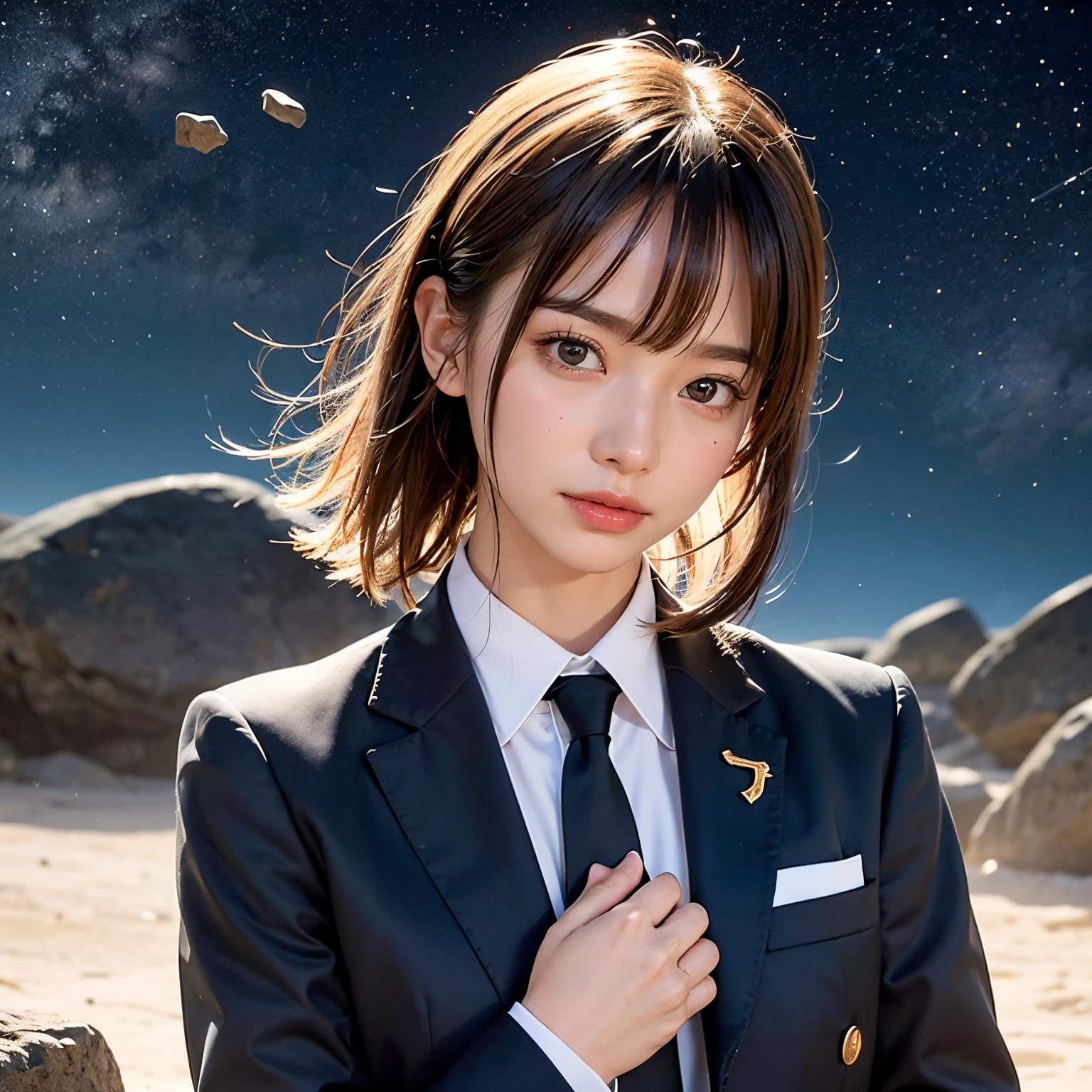 (masutepiece, Best Quality:1.2), 8K, Official art, Wearing a suit、Five Fingers、Full body photo, full body Esbian、Suit Beauty、Big Dipper in the background、star explosion、Beautiful barefoot woman with dark hair, hold a flame in your right hand、put on your tie with your right hand、Turn your face up、looking-down、cool expression、Bright lava light rises above the broken Earth from beneath the asteroid belt(Jagged rock rocks and fragments shot into the air:1.3) (Storm of windy dust debris:1.1) Volume fogmist by trace Z、It can allow bright light from below to pass through、 (masterpiece) (top-quality) (detaileds) (8K) (电影灯光) (foco nítido) (Convoluted)A dark-haired、years、small tits、A delightful、A smile、unbelievable Ridiculous, (a beauty girl, Pretty Face, arching back down, Gold hair ornament on hair、wearing a suits、close up, Wearing a suit, Short sleeve, gardenia, violaceaess, space system, Looking at Viewer, Film grain, chromatic abberation, Sharp Focus, face lights, Dynamic lighting, Cinematic lighting, Eyes and faces with detailed, (Gray tie、1 copy:1.2)
