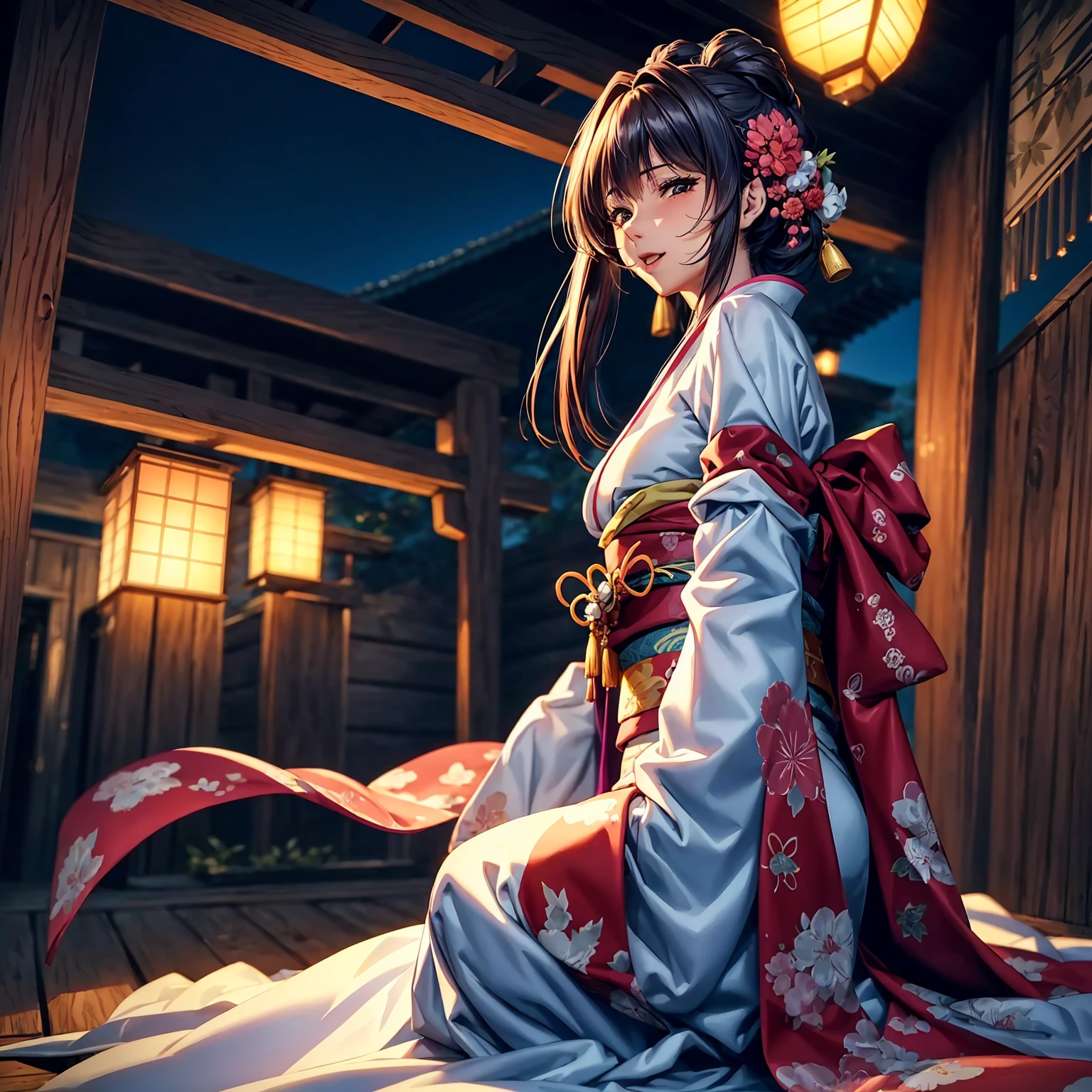(top-quality、masterpiece、very high res、超A high resolution,High resolution details 1.5)、A woman of perfect and ultimate beauty(24 years old 1.5)、(Beautiful breasts and body shape 1.5)、Beautiful body、美丽的面容、large pink,Long hair,Beautiful hair、Japan hair ornament,realistic textured skin,Wearing a beautiful Japanese long kimono,Kimono has colors and patterns.,Kimono sleeves and obi are long,Arms outstretched,Exposed shoulders from kimono,I can see the cleavage,wearing a stole,Bright smile,Mouth opens,Hair flutters under the influence of the wind,The sleeves and obi of a kimono flap due to the wind.,that is a mysterious place,Fantastic night sky and beautiful full moon,Lantern light,Beautiful Landscapes、(accurate detail、the detailed images、Accurate images、Perfect Image 1.5)、、beautiful anime woman, Beautiful Art Style, an animated character、The whole picture、Detailed picture、accurate anatomy、Defect-free images、natural soft light、beautiful image、extremely detailed picture、(Best Shot 1.2)