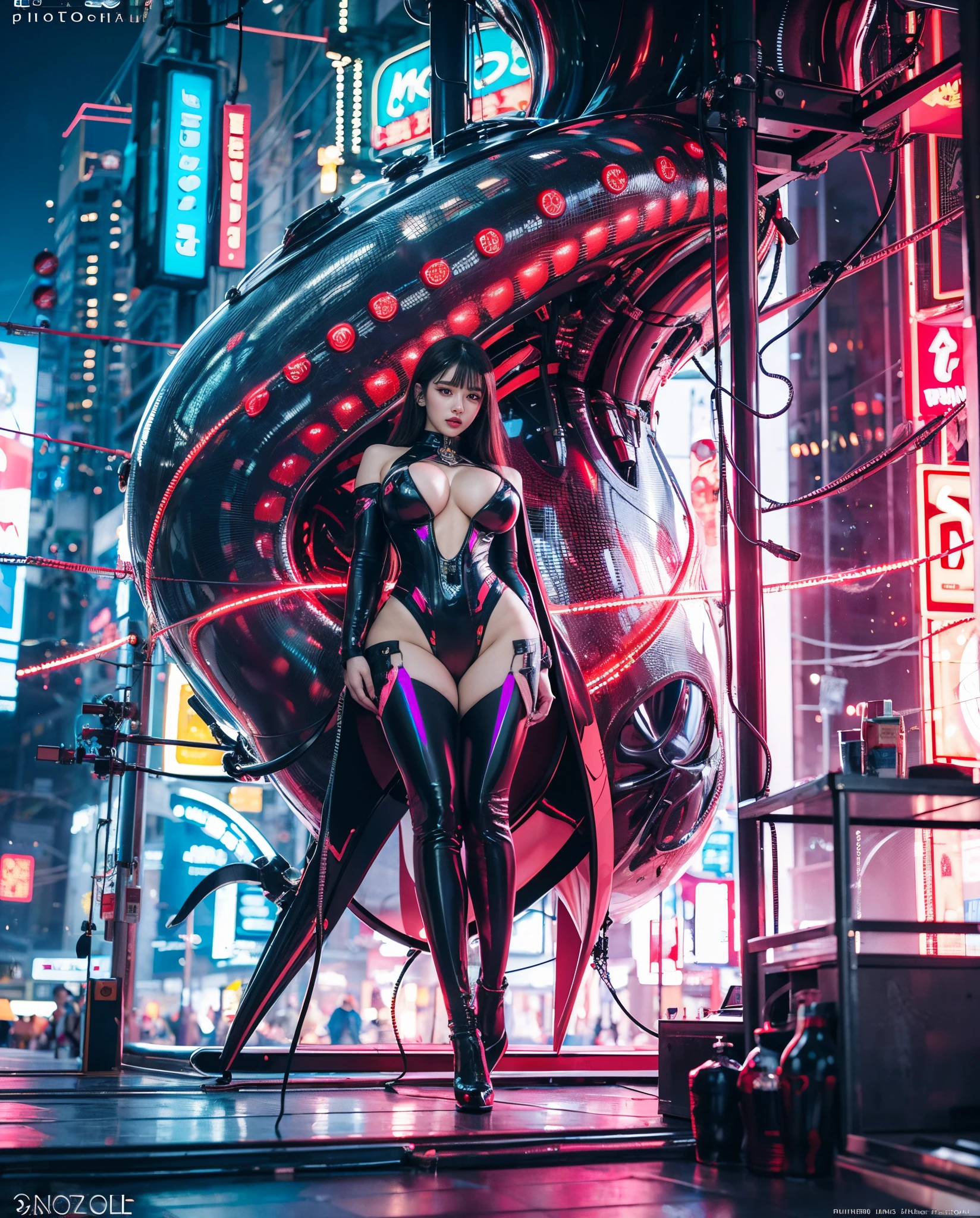 Best quality, masterpiece, (photorealistic:2), meticulous detail, high res, 8k raw photo, a hot beautiful voluptuous futuristic woman wearing mecha outfit in futuristic cyberpunk city full of neon light, super big breast, long legs, big hips, sexy, blushing face, embarrassed