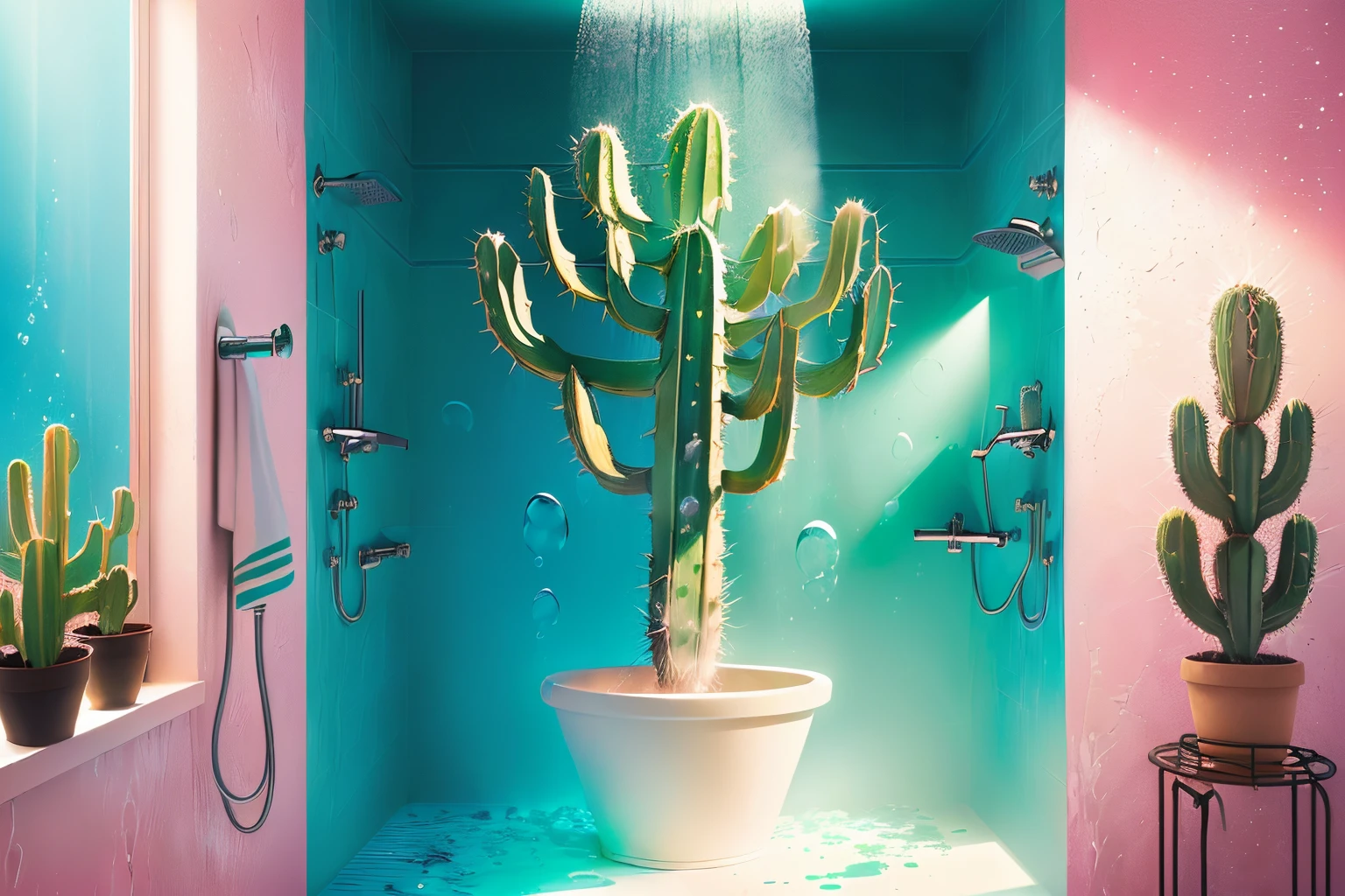 (a majestic cactus grows in the shower, fantasy, art, vibrant turquoise light, bubbles )