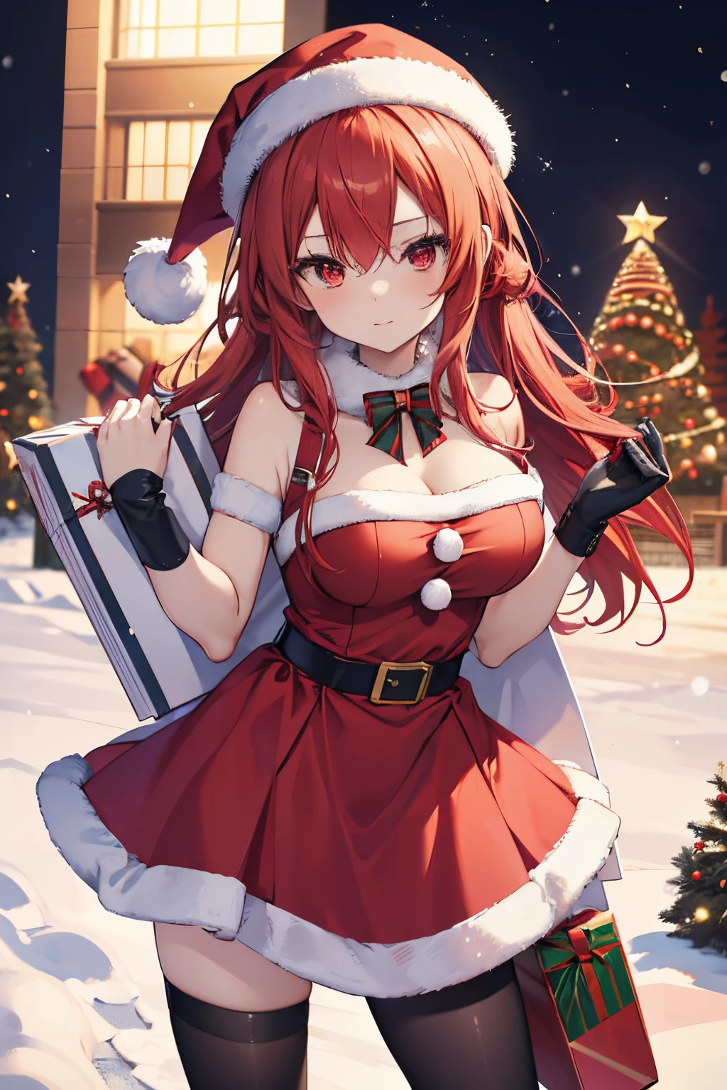 "anime girl, 1 person, bright red hair, shoulder length hair, dark red eyes, Santa hat, Santa tube costume, red dress, big breasts, discreet, stockings, holding Christmas gift box, Christmas gift box  birth, snowfall, solo, front view, (full HD 4K+ photo)"