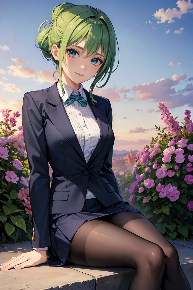 masterpiece:1.2, best quality, ((ultra detailed)), high resolution, 2d, anime style , photo, photography, detailed background, ((medium hair,half updo,green hair,medium breasts))
BREAK
solo,(droopy eyes:1.3),20 years old, (,tall face, tall female)), ((blue eyes;1.2 )), 
BREAK 
sitting,smile ,beautiful sky,garden,jacket,suits,skirt,black pantyhose