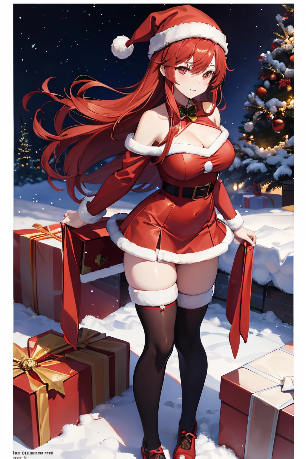girl, purple or pink skintone, succubus horns, dark red hair, brown eyes, semi-closed eyes, big lips, lip gloss, long hair, medium breasts, bare shoulders, hourglass figure, (narrow waist), thick thighs, thick ass, defined stomach, sexy pouty lips, cleavage, christmas hat, fur coat, fur trim, red latex babydoll micro bikini with white fur, sexy thight micro panties, detailed face and eyes, elf ears, fur trim black thigh thigh boots, seductive pose, living room, christmas tree in the background, pov form behind, viewer from behind.