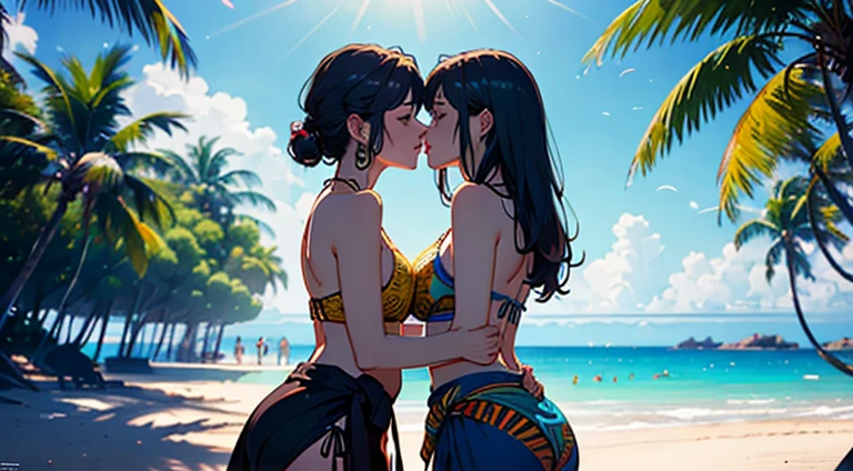 ​masterpiece、top-quality、超A high resolution、 [ 4 k digital art ]!!、 8k high quality detailed art、Wallpaper、 Detailed Digital Anime Art、Realisticity、Cinema Angle、hposing Gravure Idol、(((Two beautiful girls)))、((Two people kissing cheek to cheek))、cute  face、 ((Detailed depiction of a beautiful face))、kindly smile、年轻、Bikini swimwear、Photorealistic perfect body、(Bold ethnic patterns wrapped around the waist and skirt and plenty of primary colors)、light Particle、llight rays、Tropical、Against the background of palm trees on both sides、on a sunny beach、Against the background of the sea、blur backgroun、