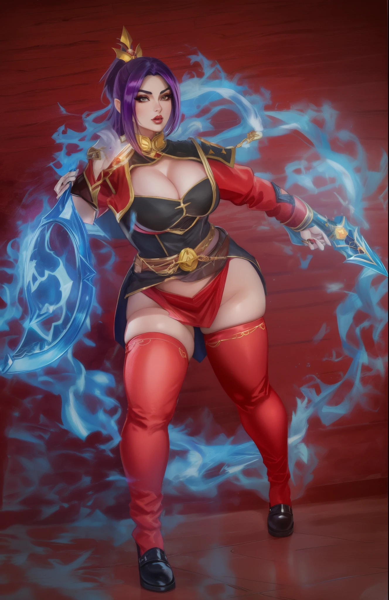 araffe dressed in a  costume with a sword and a fire, thicc, samira from league of legends, mighty plump female sorceress, juri han from street fighter, she has fire powers, as overwatch character,  photo, spellcasting pose, professional , fiora from league of legends, inspired by Li Mehu