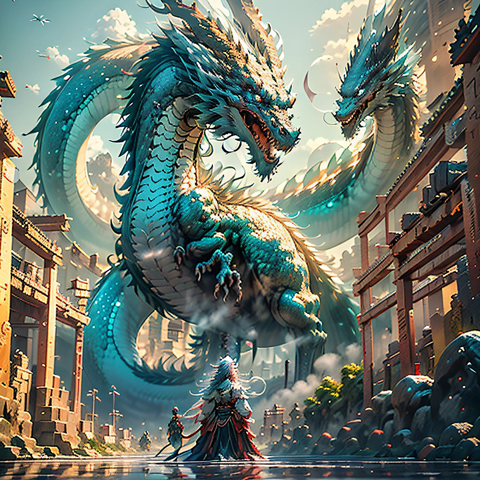 The Chinese White Divine Dragon soared into the air，（Girl manipulates dragons：1.3），（The girl has her back to the camera：1.3），Sky clouds surround the surroundings，Light magic，Fantastic background，Meaning background，Ridiculous background，There are artistic overlayulticolored hair, surrealism, Cinematic lighting, Ray tracing, god light, speed-line, angle of view, hyper HD, Masterpiece, Best quality, Super detail, A high resolution, High quality，（Far view：1.3）