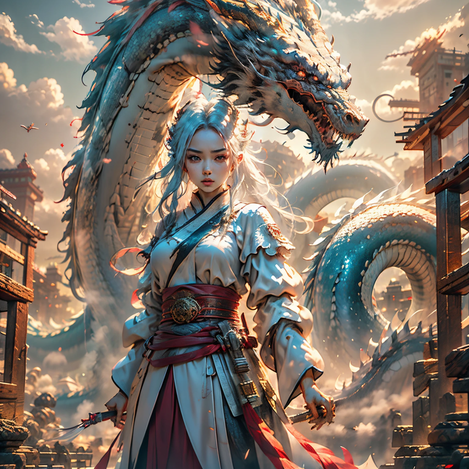 The Chinese White Divine Dragon soared into the air,(Girl manipulates dragons:1.3),(The girl has her back to the camera:1.3),Sky clouds surround the surroundings,Light magic,Fantastic background,Meaning background,Ridiculous background,There are artistic overlayulticolored hair, surrealism, Cinematic lighting, Ray tracing, god light, speed-line, angle of view, hyper HD, Masterpiece, Best quality, Super detail, A high resolution, High quality,(Far view:1.3)