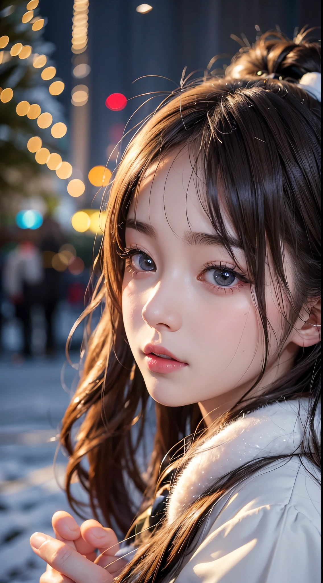 Beautiful woman、Kawaii Woman、About 20 years old、A detailed face、Detailed eyes、Detailed skin、detailed hairs、super realistic picture quality、An ultra-high picture quality、8K、Hokkaido、Tomoyo Harada、Christmas Eve、Sapporo Odori Park、night snow festival、A side profile looking at a snow sculpture with a dreamy face、light up lighting、