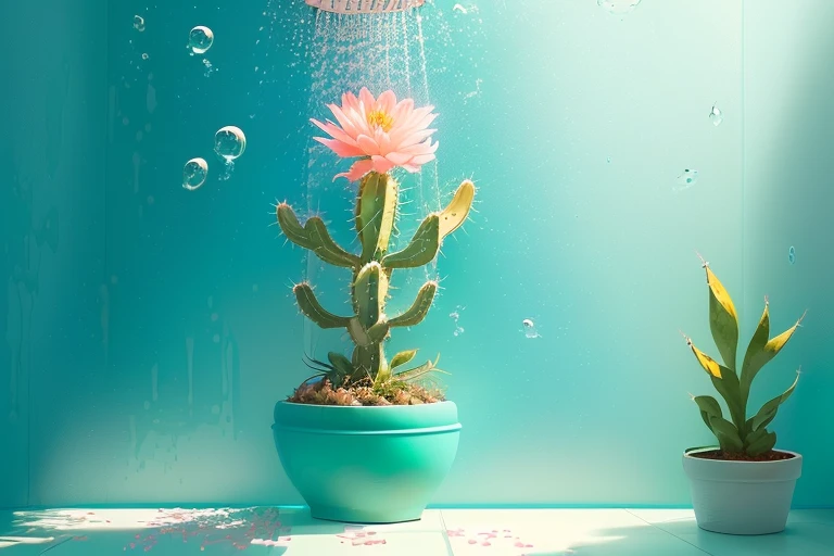 (a cute flowering cactus grows in the shower, fantasy, art, vibrant turquoise light, bubbles )