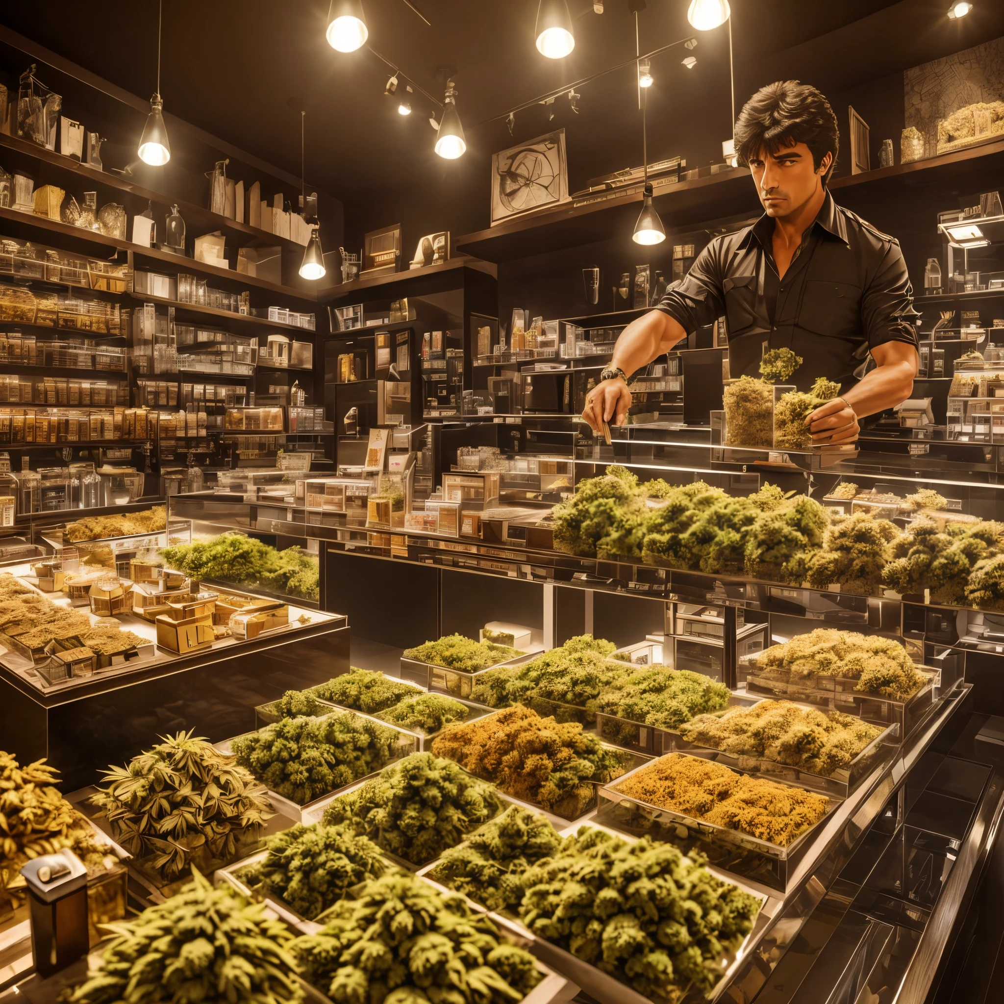 (Best quality, Masterpiece, ultra-detailed digital art), tony montana from scarface movie , behind an amsterdam drug coffeeshop counter , many shelf on background full of different type of cannabis flower buds and drugs , counter full of hashish pieces and cannabis dry flower buds , 8k render , hyper detailed, Éclairage contrasté continued, Effet de profondeur de champ spectaculaire, Arrière plan flow and detail.