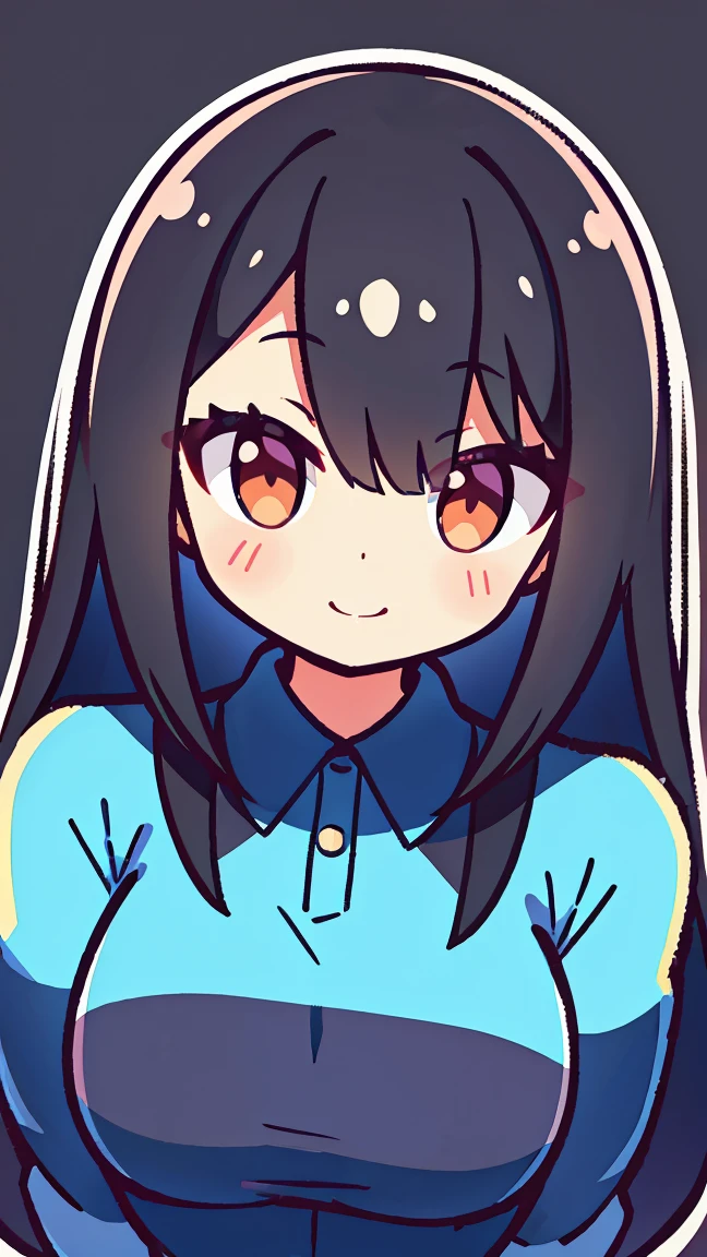 One girl with black hair, hair lenght until bust, straight hair, hair parted in center of head, round face. hairstyle with a center part, that the hair should be parted down the middle, creating a symmetrical look without any frontal hair covering the forehead. Looking straight, looking at viewer. Smiling. Solo, one girl. Looking straight, straight. Straight pose.