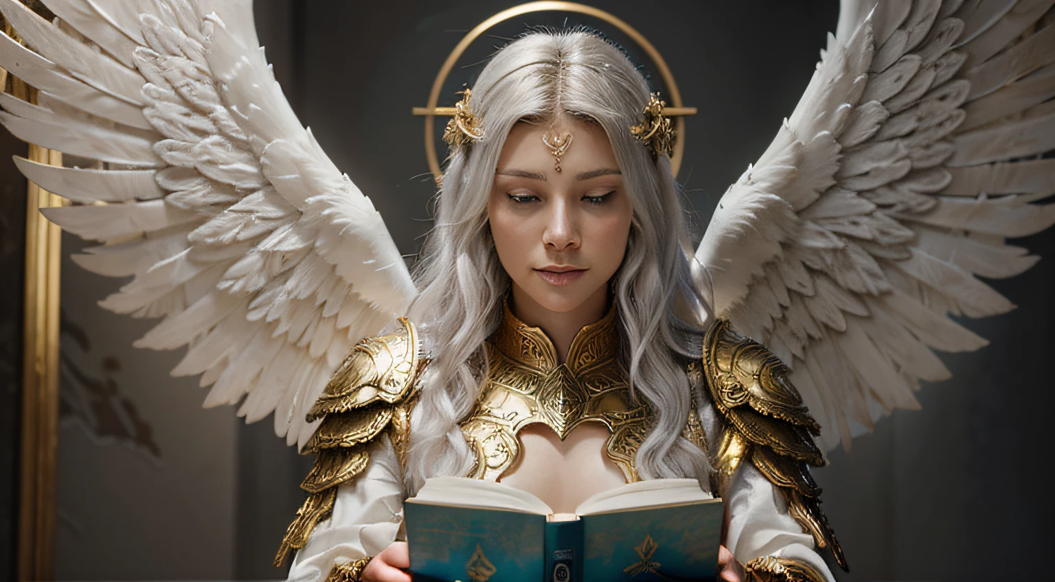crie um lindo arcanjo metatron com duas asas douradas, armadura dourada e branca, olhos azuis, Cabelo branco platinado:, muita luz ao seu redor, um anjo muito iluminado., Ultra HD |, Realistic, vivid colors, altamente detalhado, Desenho UHD, caneta e tinta, perfect composition, bonito, detalhado, intrincado, Intricate octane render trend in Artstation, 8k artistic photography, arte conceitual fotorrealista, soft natural volumetric cinematic perfect light, Livro da Vida, todos os Anjos e Arcanjos