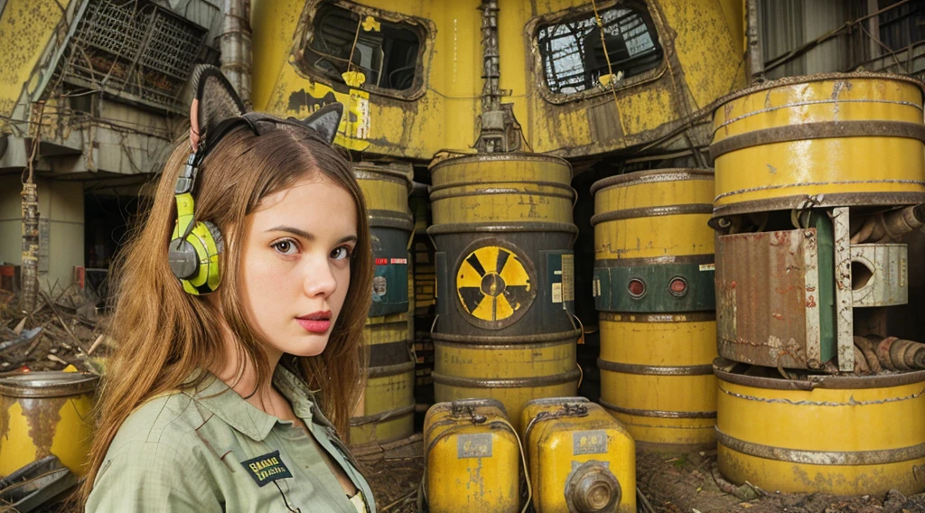 GIRL CHILD , LONG, CLOSE UP, RUSSIAN STYLE HEADPHONES and cat ears, VaultGirl suit, a closeup of a large pile of yellow barrels with radioactive symbols, nuclear waste, radioactive wastelands, toxic waste, radioactive particles, nuclear wastelands, radioactive, uranium, nuclear, nuclear fallout, post-nuclear, nuclear fashion, post-nuclear fallout, nuclear energy, future of nuclear energy, nuclear, nuclear art, nuclear reactor, nuclear energy, radiation, toxicity, contaminated, , the scene post apocalyptic and everything looks old and dingy and dirty, ending machine, nuka cola, sci-fi vending machine, wearing (vaultsuit with pipboy3000 on wrist), in 8K、ultrasharp、huge tit